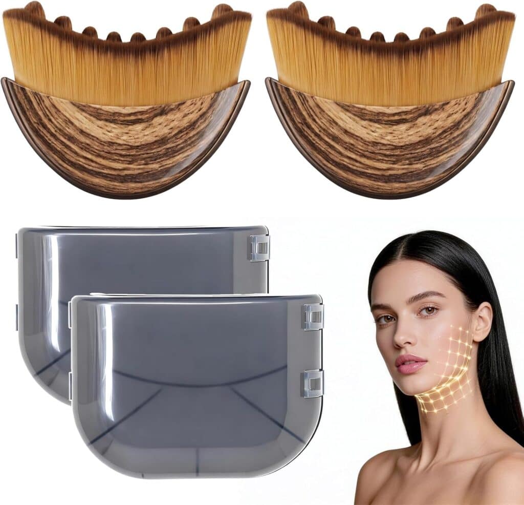Two curved makeup brushes, two gray plastic cases, and a woman with grid lines on her cheek, illustrating contouring or facial mapping for makeup application.