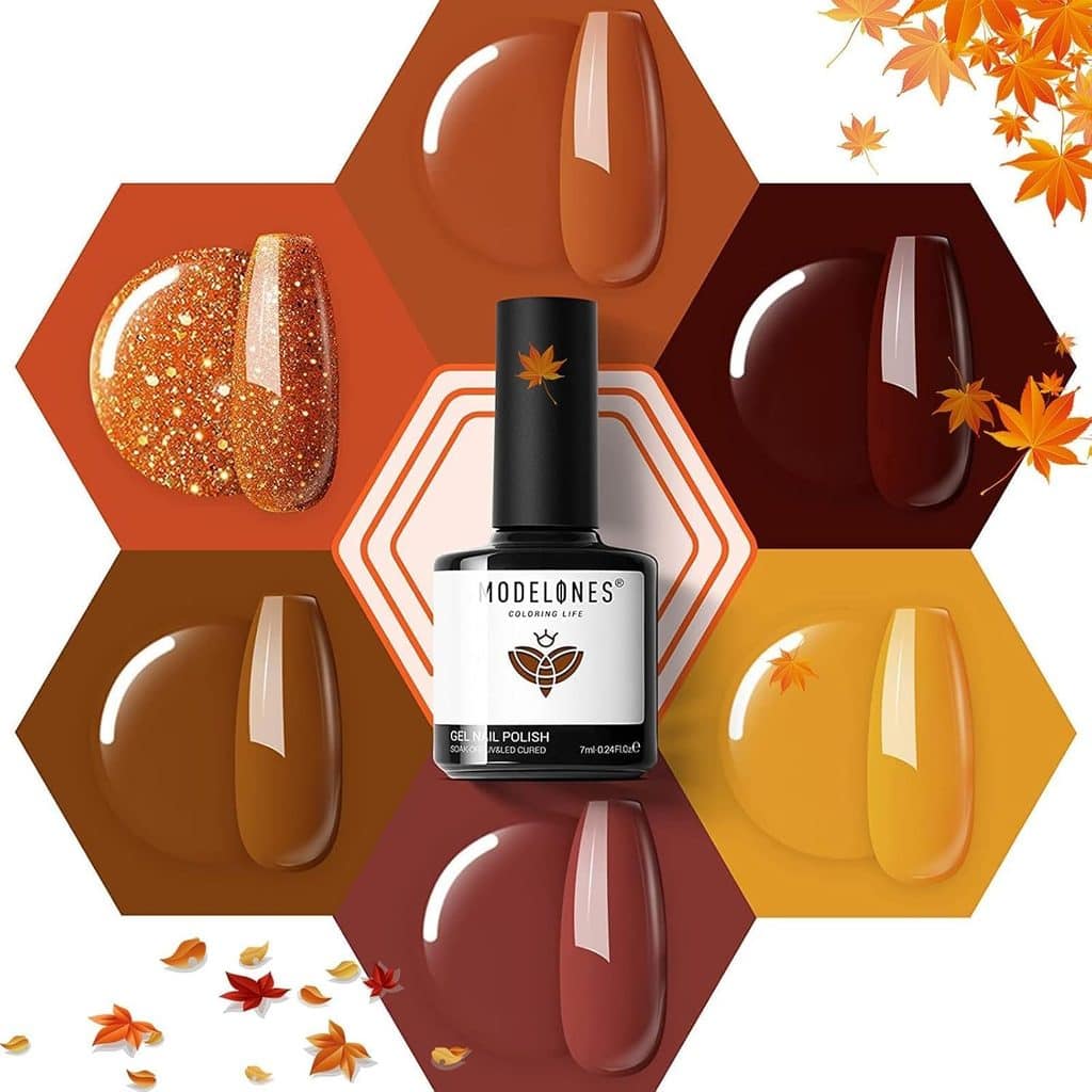 A bottle of Modelones gel nail polish is surrounded by six hexagons showing fall-themed polish colors, with scattered autumn leaves as decoration—perfect for showcasing your favorite shades during Thursday Deals.