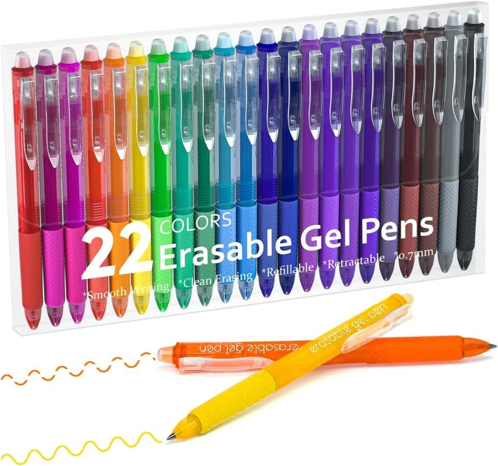 A set of 22 colorful erasable gel pens in a clear case, with two pens, one orange and one yellow, shown outside drawing wavy lines. Text on the case highlights features like smooth writing and erasability.