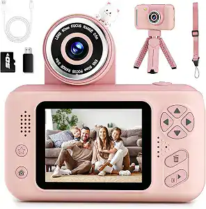 Pink digital camera kit with accessories, including a tripod, strap, USB cable, SD card reader, and screen displaying a happy family posing on a couch.