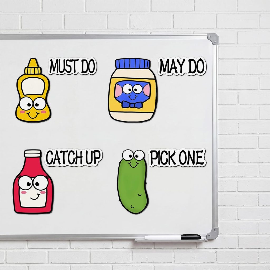 A whiteboard with cartoon condiments—mustard for “Must Do,” mayonnaise for “May Do,” ketchup for “Catch Up,” and a pickle for “Pick One”—highlights your priorities like Wednesday Deals, all set against a white brick wall.