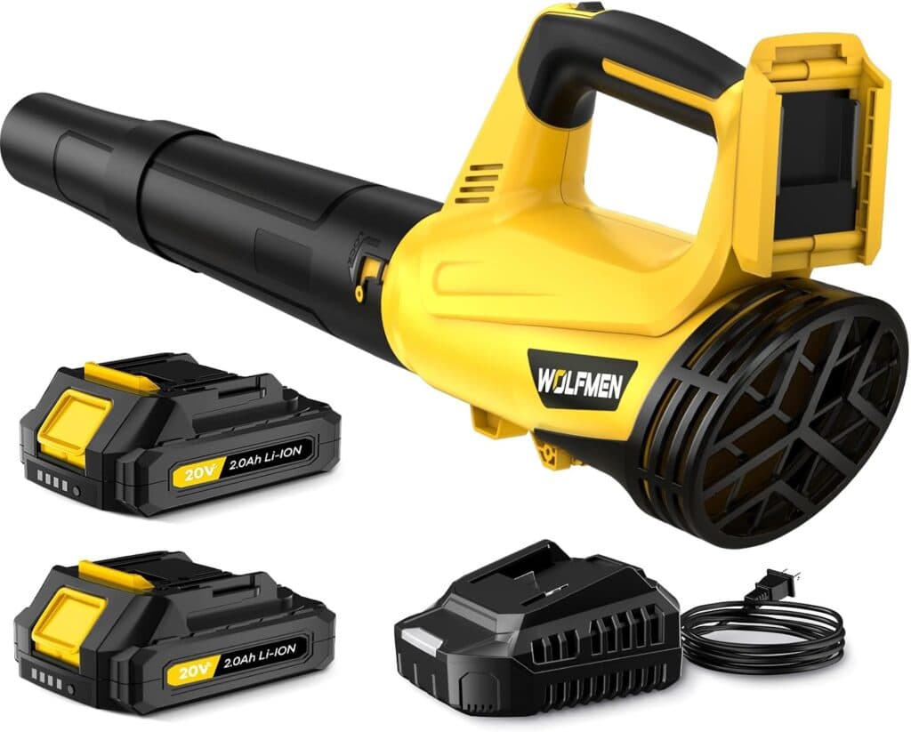 A yellow and black cordless leaf blower with two rechargeable 20V lithium-ion batteries and a charging dock with a power cord, all shown on a white background.