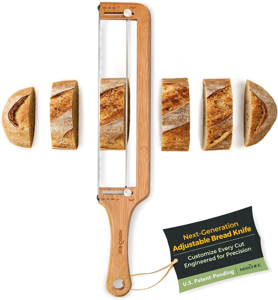 A wooden adjustable bread knife with a ruler, slicing a loaf into even pieces. A label reads: “Next-Generation Adjustable Bread Knife. Customize Every Cut. U.S. Patent-Pending. KitchBee.”.