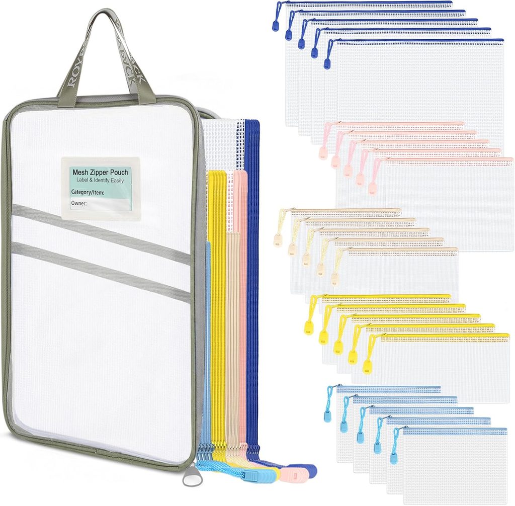 A set of mesh zipper pouches in various sizes and colors, with labeled tags and colored zipper pulls, arranged upright and fanned out—perfect for organizing on the go. A labeled pouch is shown on the left side, highlighting practical design features. Don’t miss these Thursday Deals to refresh your storage essentials!.