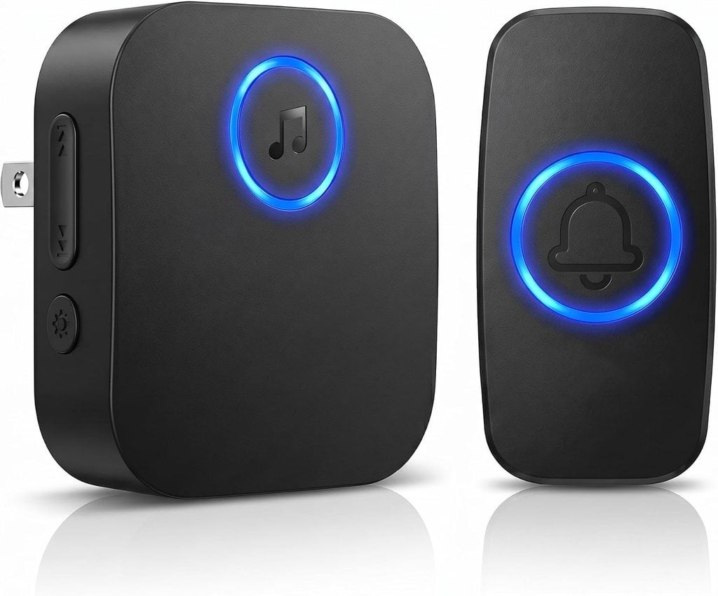 A black wireless doorbell set with blue LED rings; one unit has a music note symbol and a plug, the other has a bell icon and serves as the button. Both have a modern, sleek design, making them a stylish addition to any home—perfect for those seeking great value in Wednesday Deals.