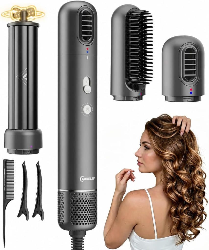 Hair styling tool set with attachments including a curling barrel, round brush, and smoothing nozzle. Below are two combs, two clips, and a woman with long, wavy hair using the tool. Background is white.