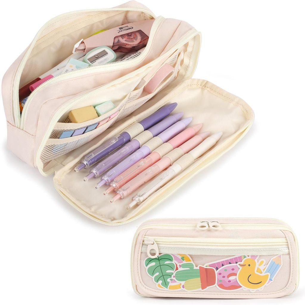 A cream-colored pencil case with pastel pens, sticky notes, an eraser, and stationery inside. Take advantage of special Wednesday Deals to get this open case, featuring a clear section with colorful stickers of a duck, plants, and a pink drink on the front pocket.