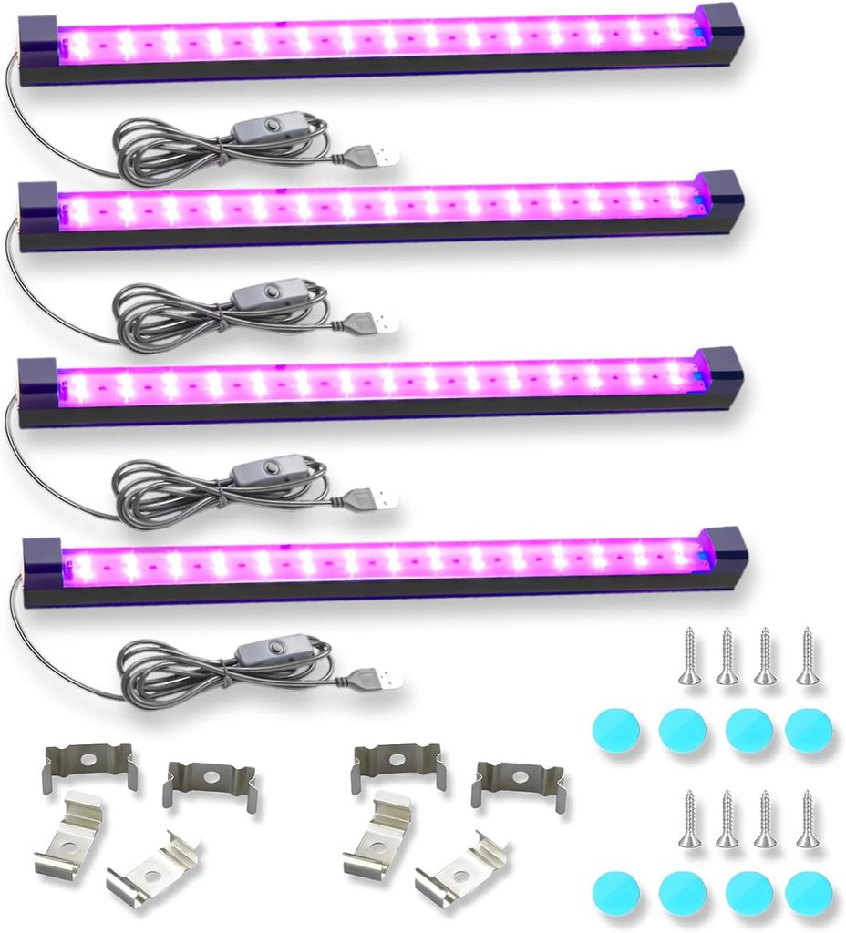Five purple LED light bars with USB cables are shown, along with mounting brackets, screws, and adhesive pads, arranged neatly on a white background.