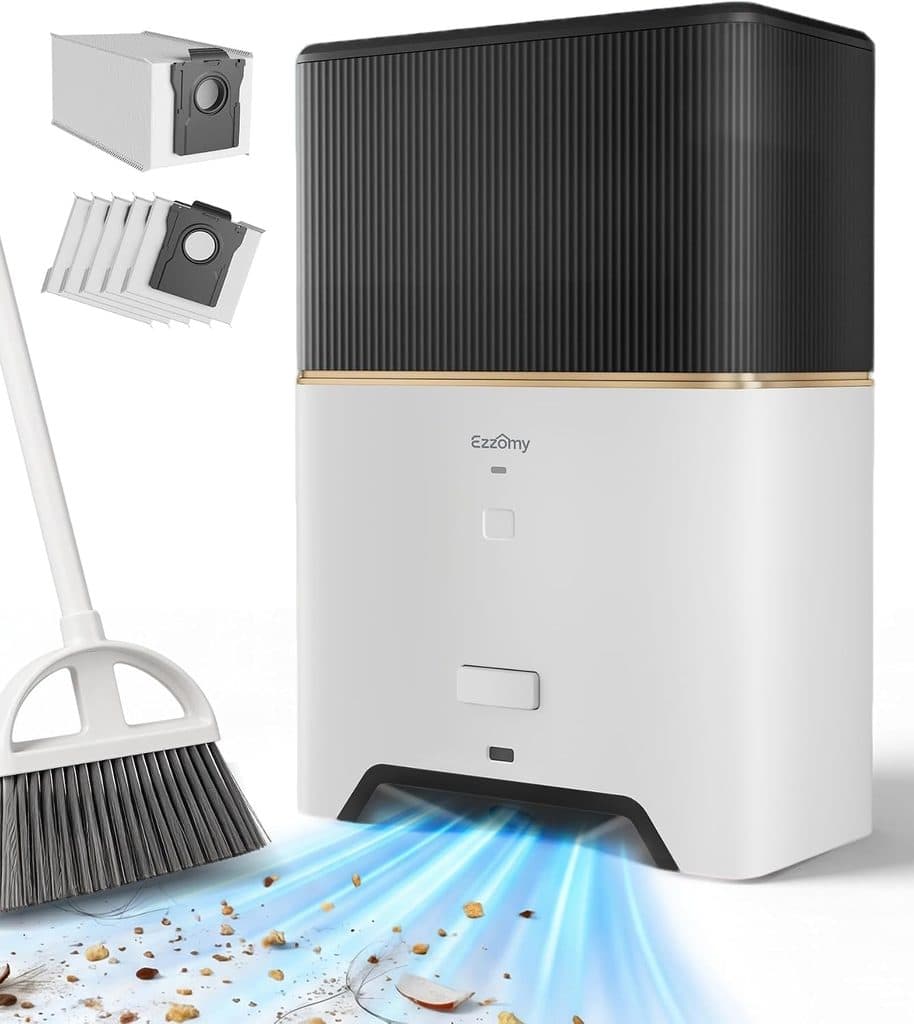 A self-emptying vacuum bin with blue suction lines pulling debris toward its base is featured in this Thursday Deals spotlight. A broom, dust, and debris are visible, with replacement vacuum bags shown in the top left corner.