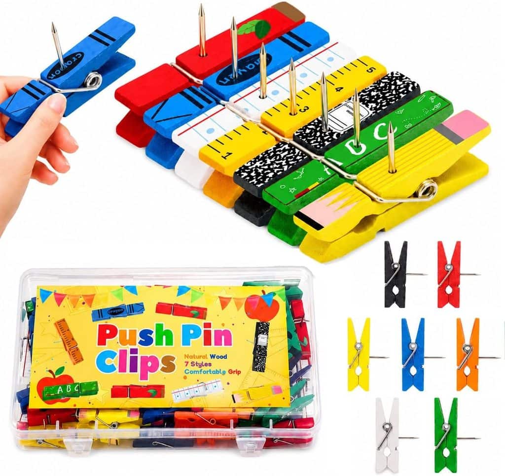 Colorful clothespin-shaped push pin clips, decorated like school supplies, are shown in use and in packaging. Perfect for organizing your space or adding flair to your bulletin board, this set—featured in this week’s Thursday Deals—includes various shapes and colors, including ruler and notebook designs, with sharp metal pins attached.