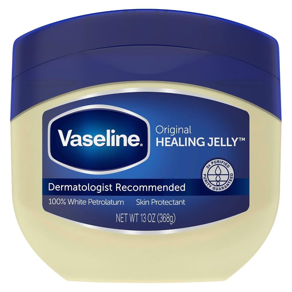 A 13 oz container of Vaseline Original Healing Jelly with a blue lid, labeled as dermatologist recommended, 100% white petrolatum, and a skin protectant—perfect for stocking up during Wednesday Deals.