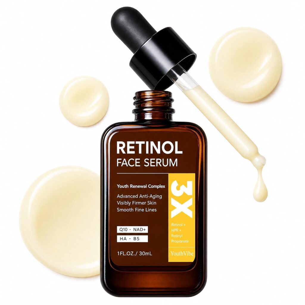 A bottle of Retinol Face Serum with a dropper and drops of serum around it. The label highlights anti-aging benefits, visible firmness, and ingredients like Q10, NAD+, HA, and B5. The amber bottle with a black cap is perfect for your skincare routine—especially during our exclusive Monday Deals.