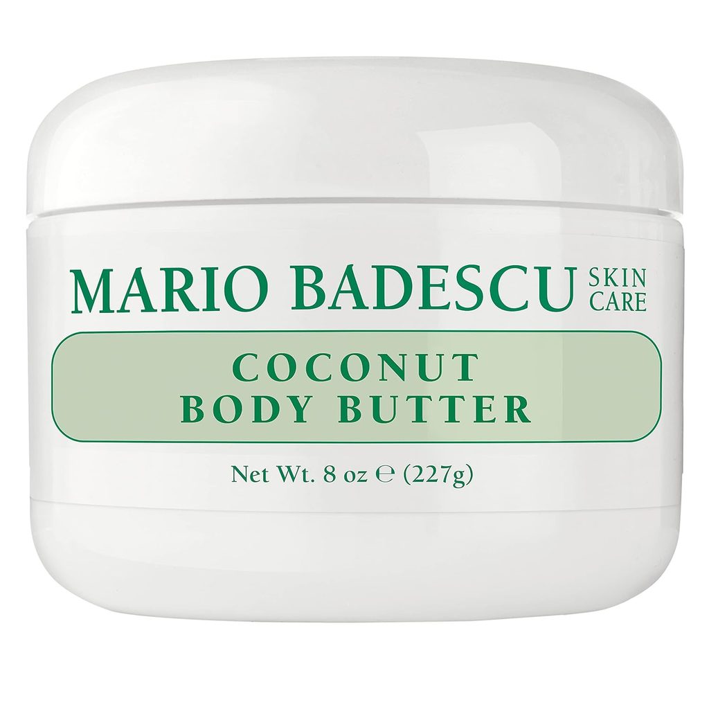 A white jar labeled “Mario Badescu Skin Care Coconut Body Butter,” net weight 8 oz (227 g), with green and beige text on the front—perfect for pampering your skin or stocking up during Thursday Deals.