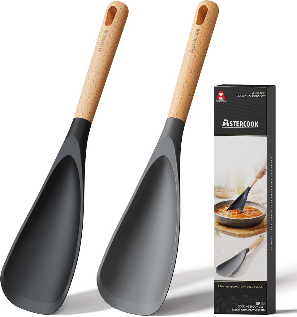 Two gray silicone and wood cooking spoons are shown next to their packaging box, which displays an image of a hand using the spoon to serve food from a pan—perfect additions to your kitchen, especially with these Thursday Deals.