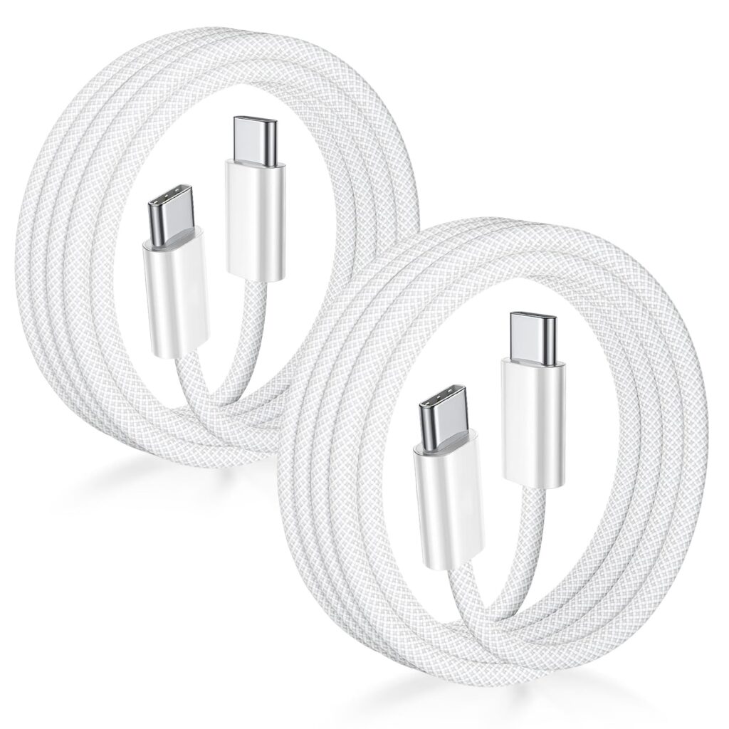 Two white braided USB C to USB C charging cables, each coiled in a loop, are shown against a white background.