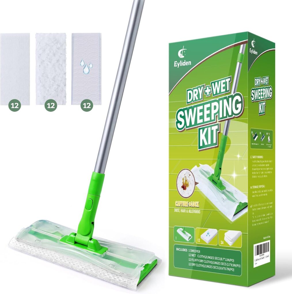 A green and silver mop with a rectangular head next to its packaging box labeled “Dry + Wet Sweeping Kit,” plus three illustrations showing wet and dry mop pads.