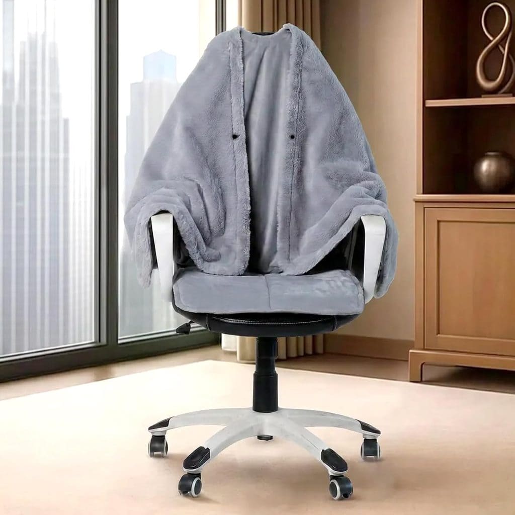 A gray, fuzzy blanket with sleeves is draped over a white office chair in front of a window with city buildings visible outside. A wooden shelf and cabinet are in the background, making this cozy scene perfect for unwinding after scoring big on Thursday Deals.