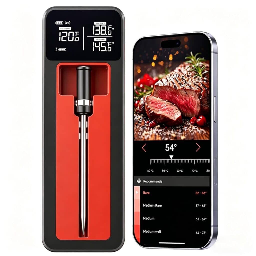 A meat thermometer with a digital display shows temperatures. Next to it, a smartphone displays a cooking app with steak doneness temperatures and an image of cooked steak on a wooden board with garnish.