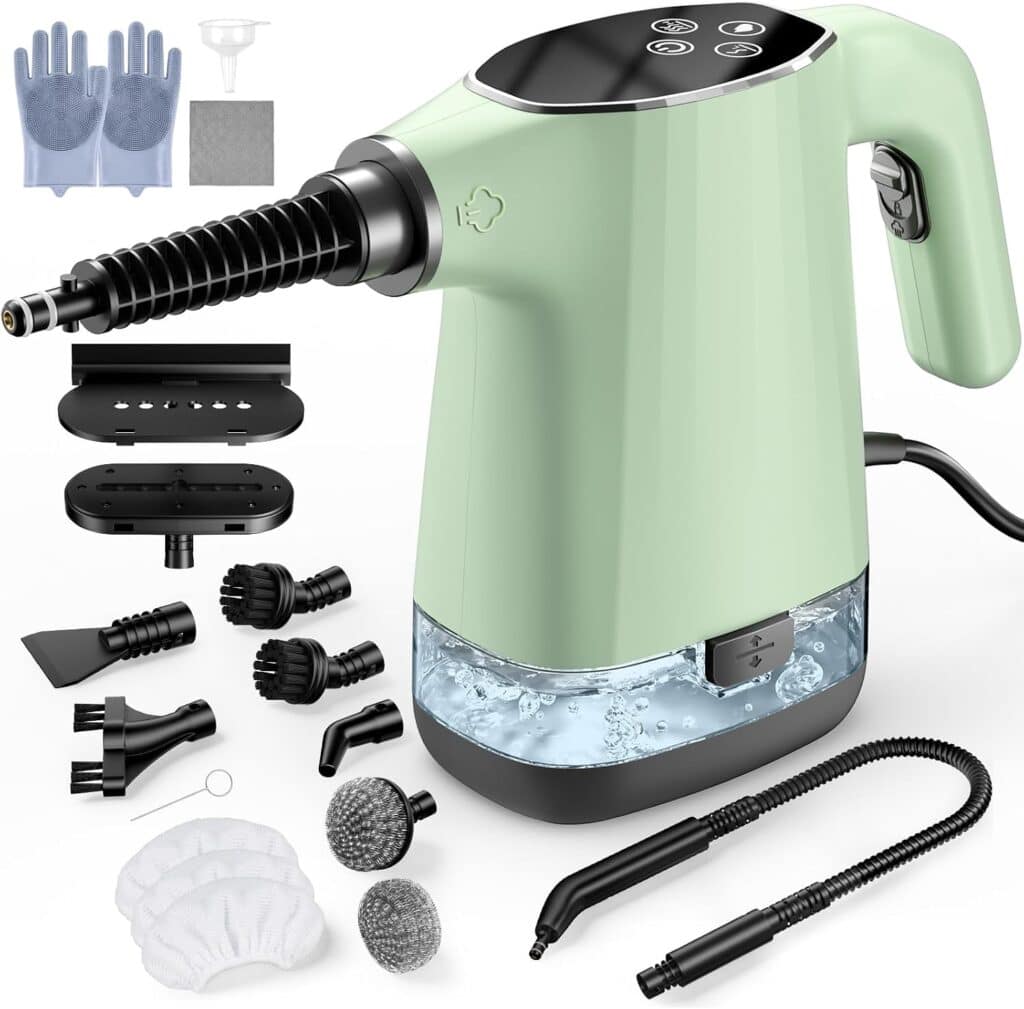 A green handheld steam cleaner with a digital control panel is surrounded by various brush and nozzle attachments, cleaning mitts, an extension hose, round scrubbers, and cloth pads—everything you need for effortless deep cleaning. Don’t miss your chance to enjoy 70% off this powerful steam cleaner!.