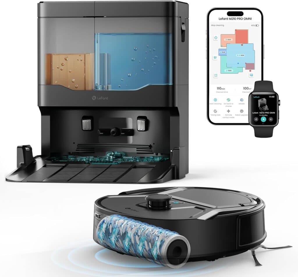 A robotic vacuum and mop with a docking station, water tanks, and app control shown on a smartphone and smartwatch. The vacuum has a visible brush and is positioned in front of the docking station.