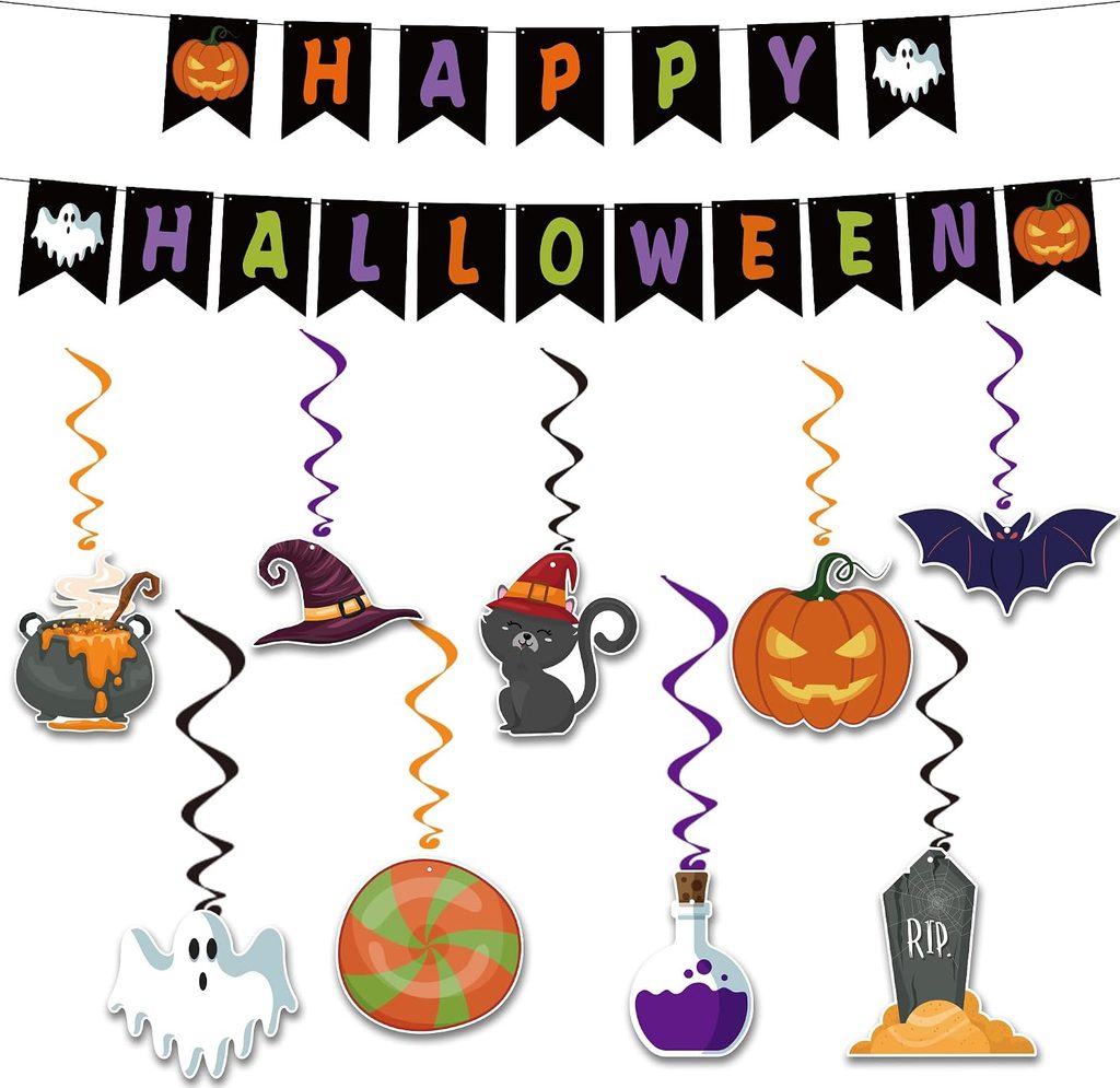 Halloween decorations with a “Happy Halloween” banner, hanging images of ghosts, witch hat, black cat, pumpkin, bat, cauldron, candy, potion bottle, and gravestone—all with colorful spiral ribbons—are perfect for setting a festive mood. Don’t miss out on incredible Wednesday Deals to make your spooky setup even more affordable!.