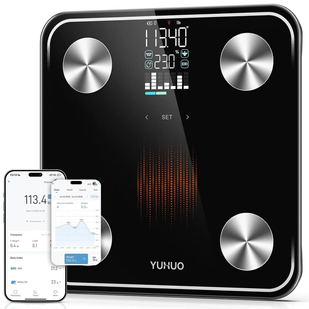 A digital smart scale with a display showing weight and other metrics, four metal sensors, and a connected smartphone app displaying health data. The brand “YUNNUO” is visible on the scale.