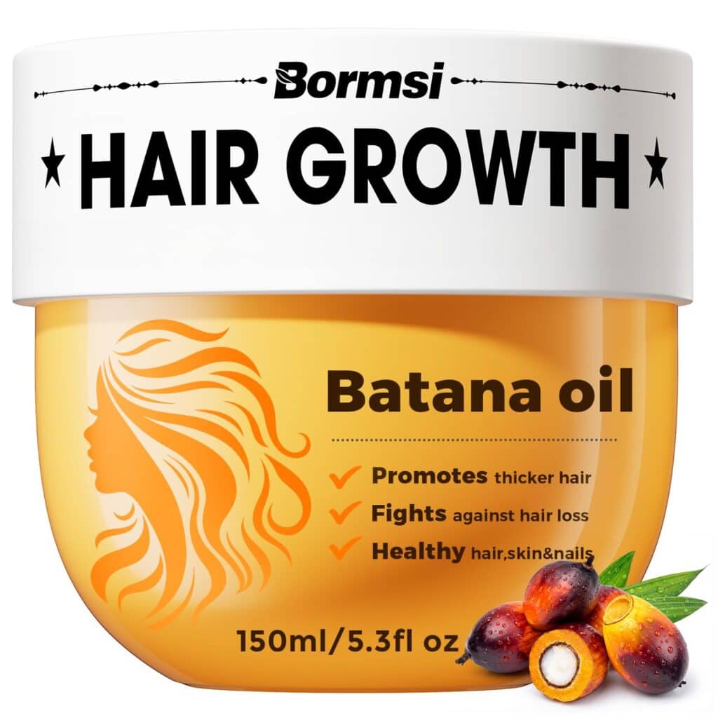 A container of Bormsi Batana Oil for hair growth, with a silhouette of a woman’s hair, product benefits listed, and images of oil palm fruit. The label states 150ml/5.3fl oz.
