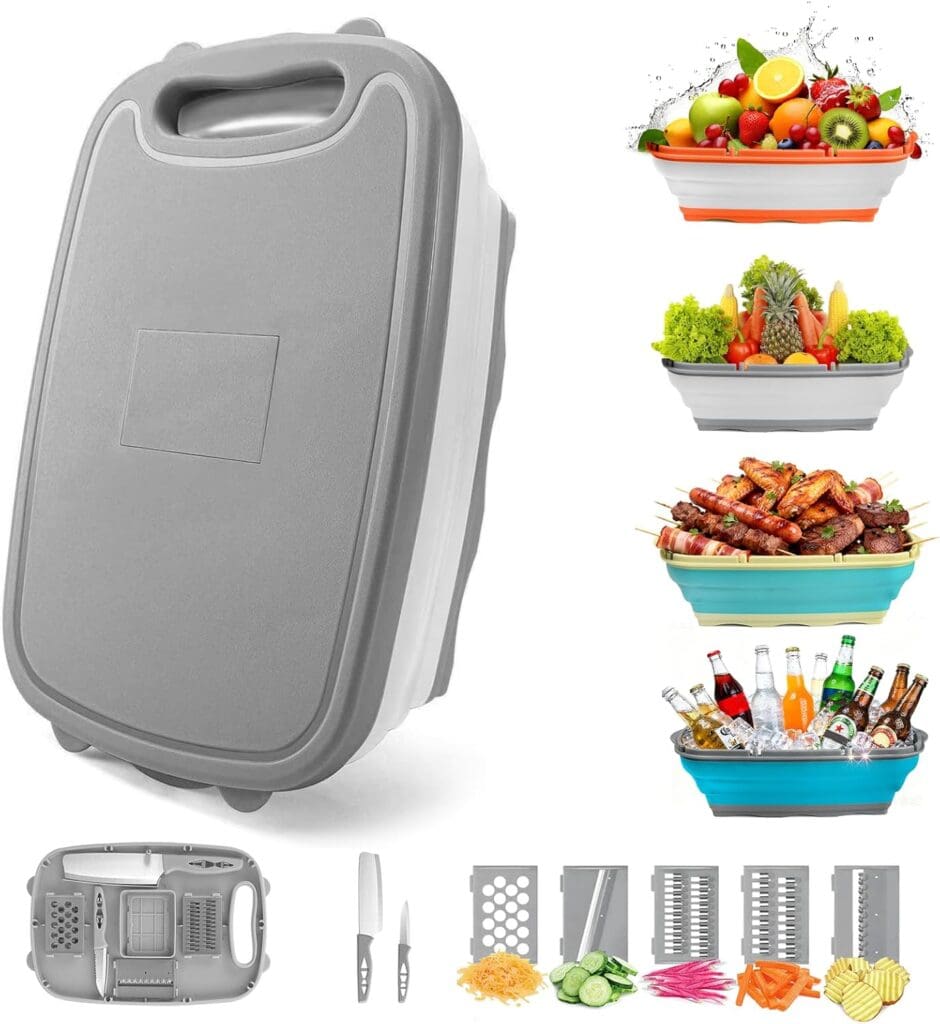 Collapsible gray kitchen bin with handle, shown beside uses like washing fruits, draining veggies, serving meat, chilling drinks, and tools including knives and graters for slicing various foods.