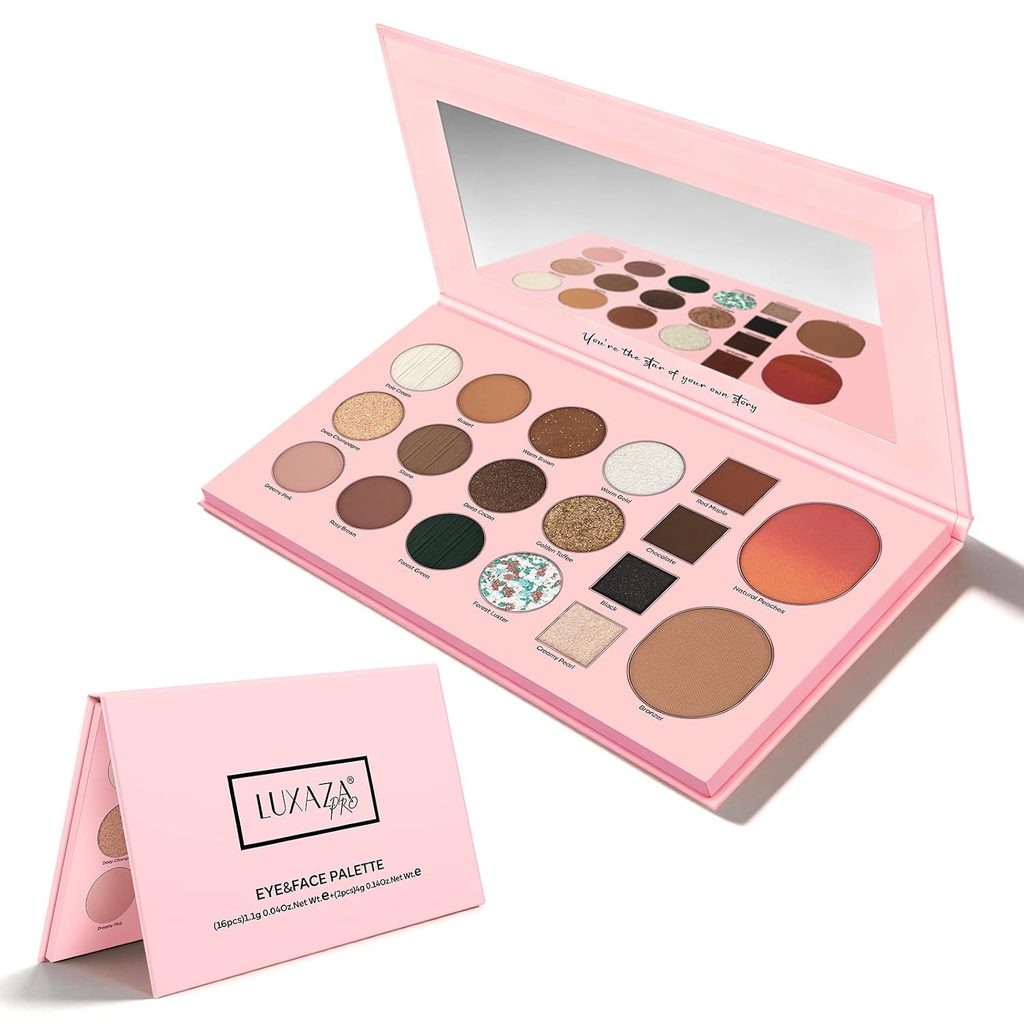 A pink Luxaza makeup palette with a mirror, featuring various shades of eyeshadow, blush, and contour powders, displayed open and closed—perfect for elevating your beauty routine and now available as part of our exclusive Thursday Deals.