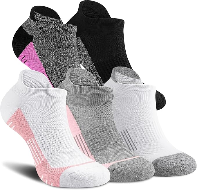 Six pairs of low-cut ankle socks are displayed in black, grey, white, and white with pink accents. The socks have ribbed cuffs and reinforced toes, arranged overlapping each other on a white background—perfect picks for Thursday Deals.