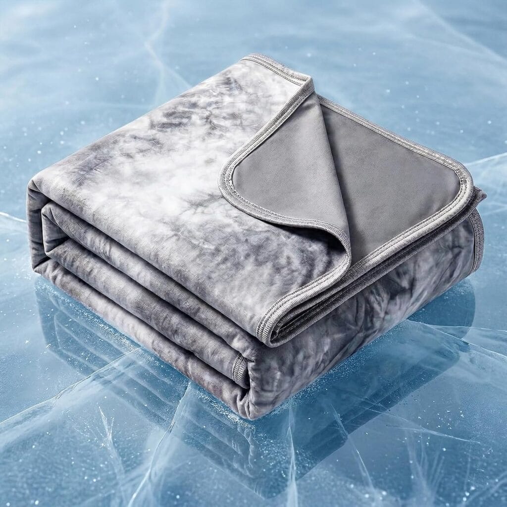 A folded, marble-patterned gray and white blanket rests on a surface resembling cracked ice, with one corner turned over to reveal a soft inner lining.