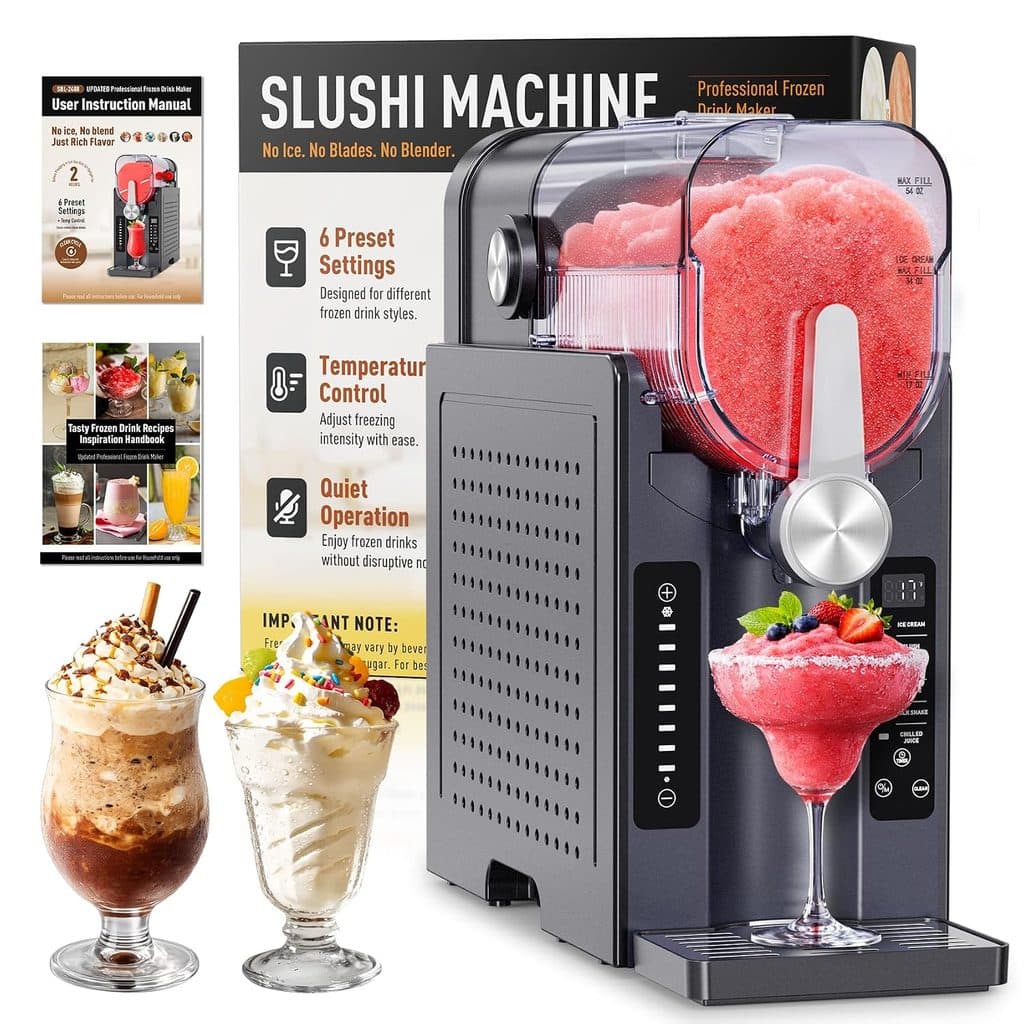 A slushi machine dispensing a pink frozen drink into a glass, with the box and user manual behind it. Two decorated dessert drinks, one brown and one white, are placed beside the machine—perfect for cooling off with some Thursday Deals.