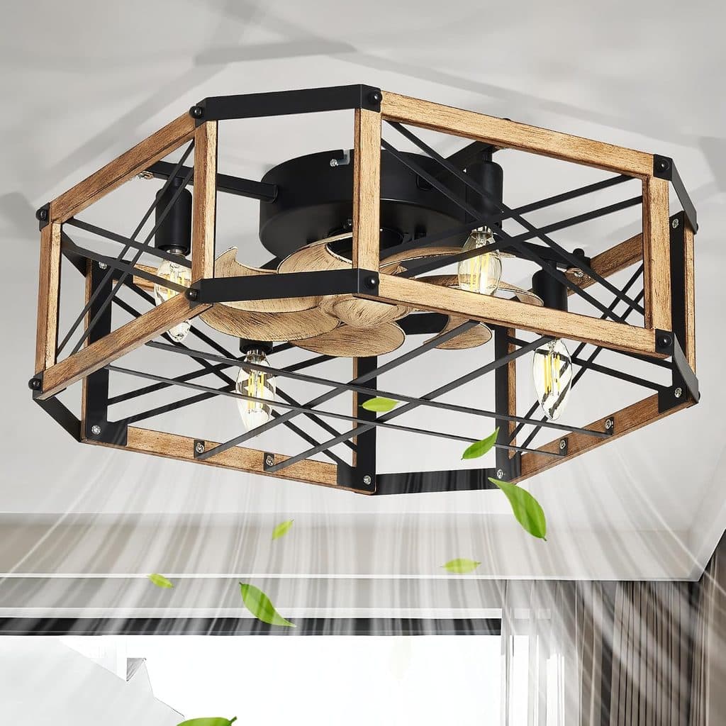 A modern ceiling fan with wooden blades and a geometric wooden and metal frame, mounted on a white ceiling. Airflow and green leaves are shown, emphasizing fresh circulation in the room—perfect for refreshing your space with our exclusive Wednesday Deals.