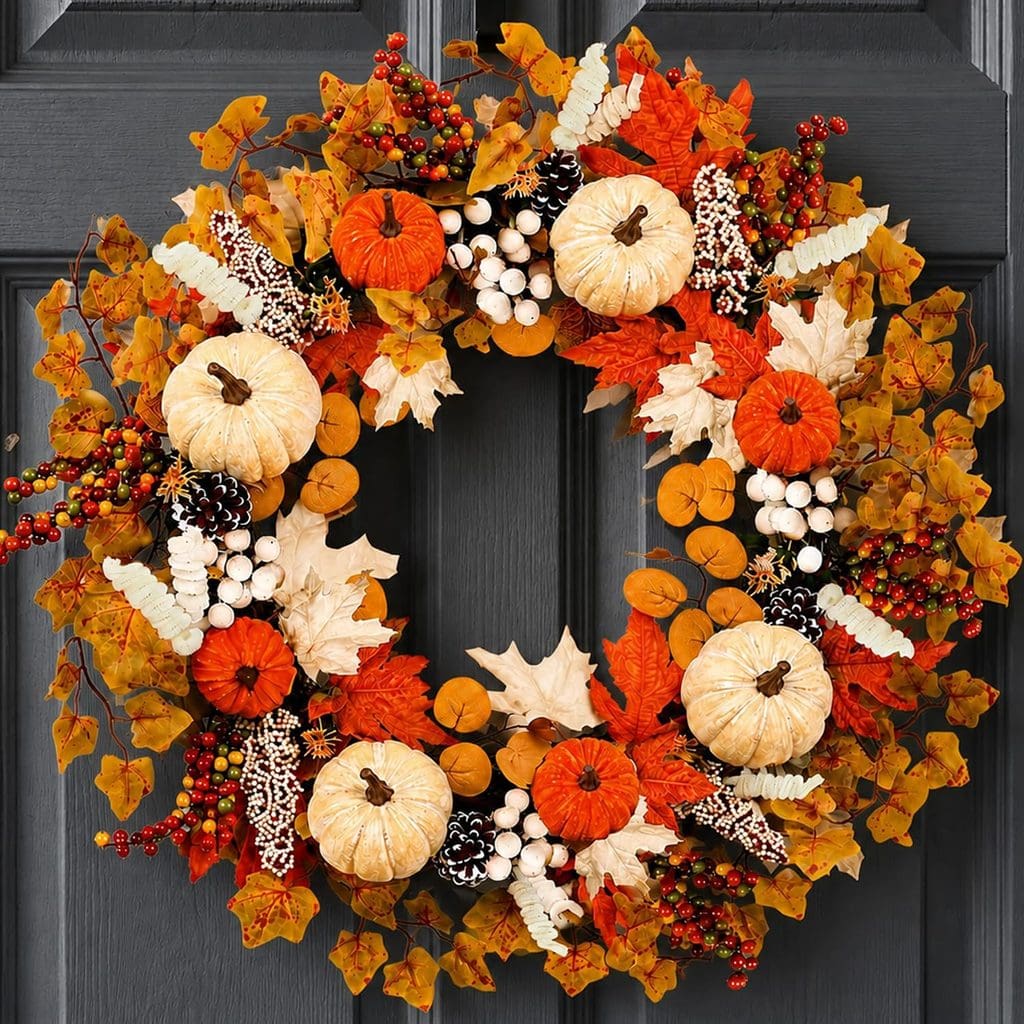 A fall wreath with white pumpkins, orange leaves, berries, pinecones, and dried foliage hangs on a dark door—perfect for sprucing up your entryway and taking advantage of exclusive Wednesday Deals.