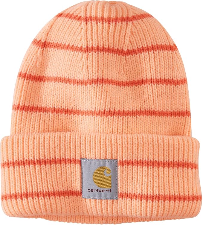 Peach knit beanie with orange horizontal stripes, a folded brim, and a rectangular Carhartt logo patch on the front—perfect for keeping warm and stylish during Monday Deals.