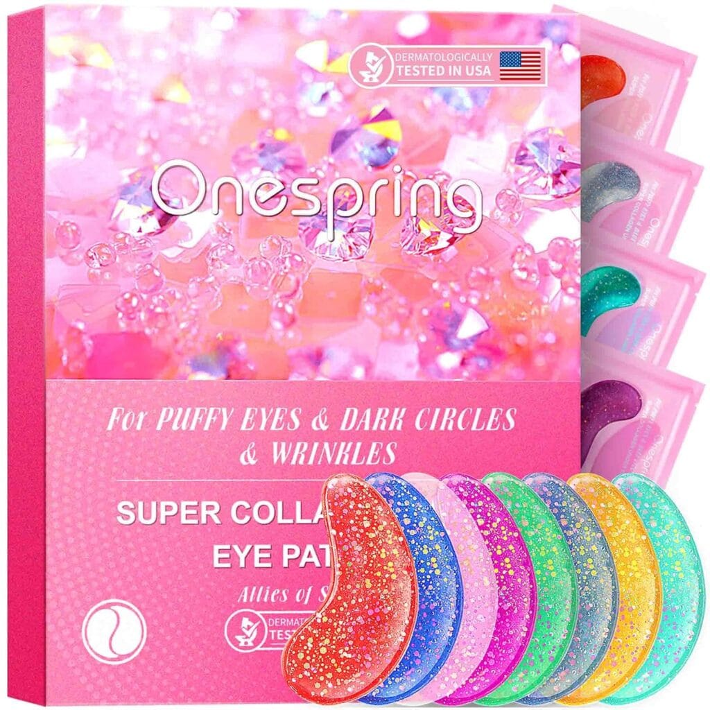 A box of Onespring Super Collagen Eye Patch for puffy eyes, dark circles, and wrinkles, shown with colorful, glittery eye patches and several individual packets in the background.