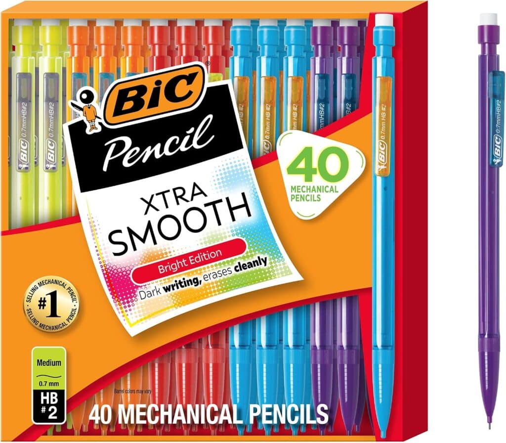 Take advantage of Monday Deals with this box of 40 BIC Xtra Smooth Bright Edition mechanical pencils in various colors, featuring “dark writing, erases cleanly” and “HB #2, 0.7mm, medium” on the packaging.