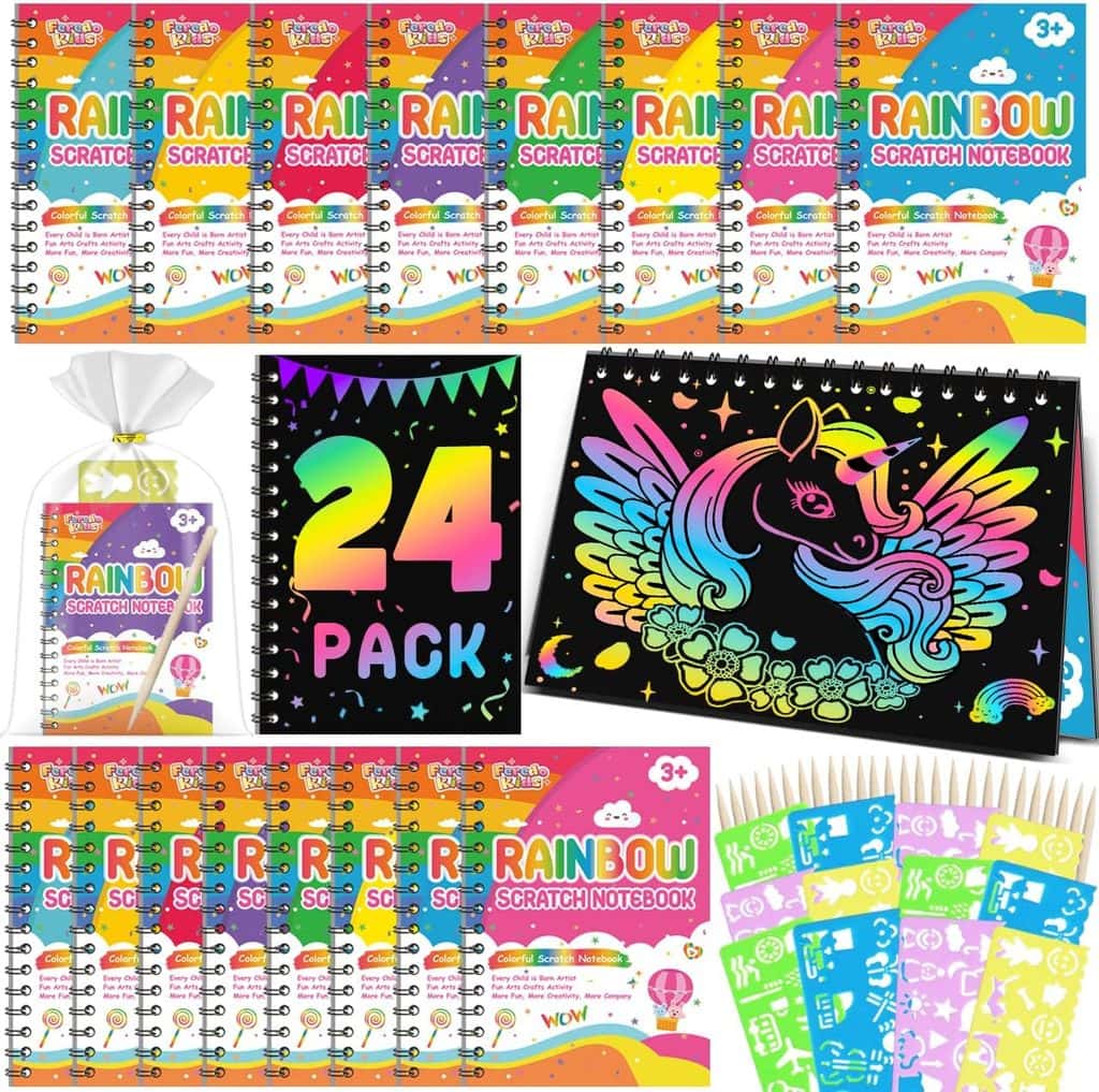 Colorful art set featuring a 24 Pack of Rainbow Scratch Notebooks, each with a vibrant cover, along with scratch tools and stencils for hours of creative fun. Includes a drawing of a unicorn to inspire young artists. Each Art Notebook is perfect for children ages 3 and up, making it an ideal choice for imaginative activities.