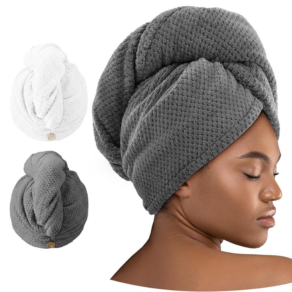 A woman with closed eyes wears a textured gray hair towel wrap, perfect for enjoying those self-care moments during Wednesday Deals. Two smaller images show the same towel wrap style available in classic white and gray colors.