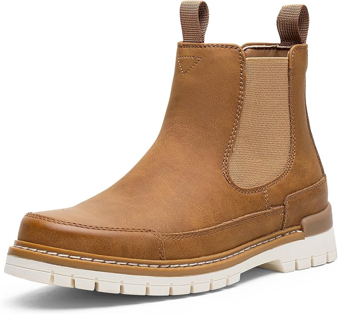 A brown Chelsea boot with a tan elastic side panel, pull tabs, and a thick white sole, displayed on a white background.
