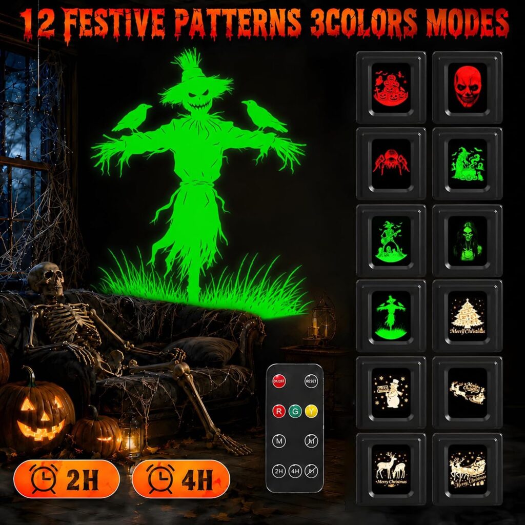 A spooky Halloween room with a glowing green scarecrow on the wall, skeleton on a couch, pumpkins, remote control, and 12 festive projector patterns, including skulls, Santa, tree, bats, cats, and reindeer.