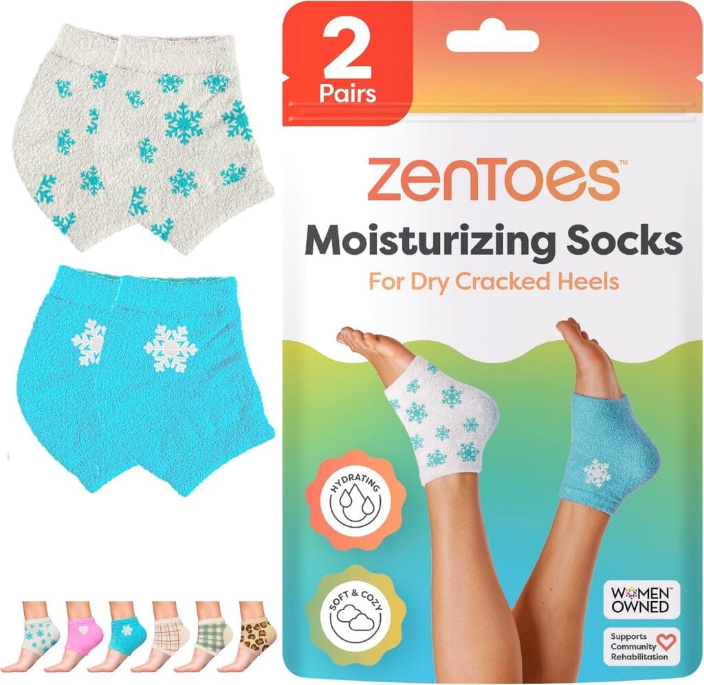 ZenToes Moisturizing Socks packaging with two pairs of socks, one blue and one white, both with snowflake designs. Small images at the bottom show various sock patterns. Text highlights benefits for dry, cracked heels.