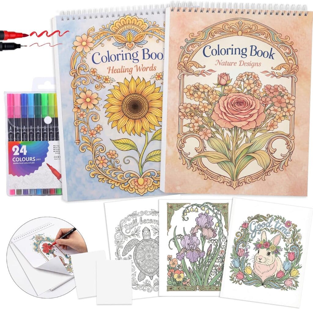 Two floral-themed coloring books, a pack of 24 colored markers, and four sample coloring pages with floral and animal designs are displayed. One hand is coloring a page with flowers using markers.