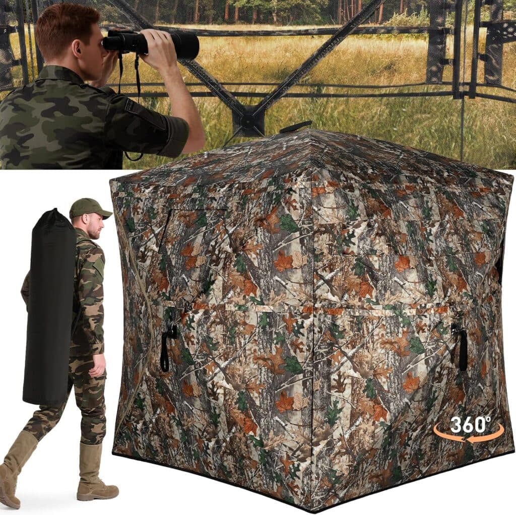 A hunter in camouflage looks through binoculars in a blind. Below, a camo hunting blind is shown with a man carrying its bag on his back. The blind has a 360-degree viewing label.