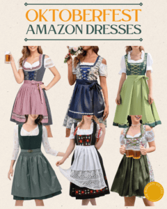 Six women modeling different traditional Oktoberfest dresses in various colors and styles, each holding beer steins or flowers, stand beneath the text “Oktoberfest Amazon Dresses.” Perfect for celebrating in style, these Amazon Oktoberfest dress options offer something for everyone.