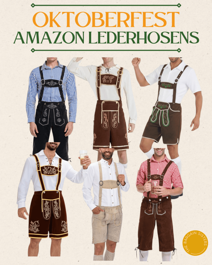 Six men wear various styles and colors of lederhosen, posing with beer mugs. The text “Oktoberfest Amazon Lederhosen” appears above, with a gold “Bavarian Series” badge at the bottom right.