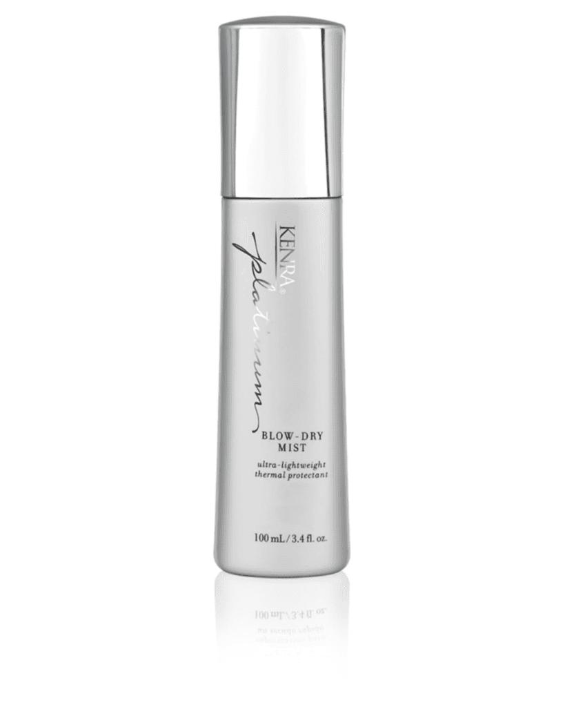A silver bottle of Kenra Platinum Blow-Dry Mist, labeled as an ultra-lightweight thermal protectant, 100 mL (3.4 fl. oz.), against a white background.