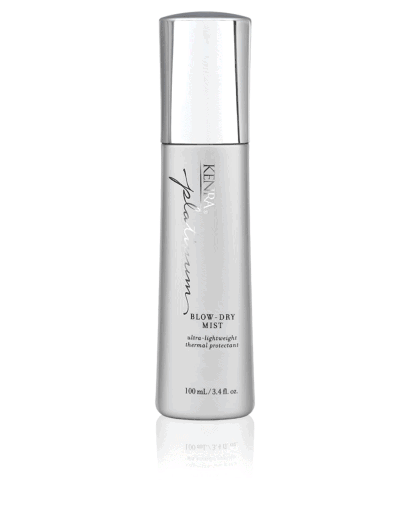 Silver bottle of Kenra Platinum Blow-Dry Mist with a metallic cap, labeled as ultra-lightweight thermal protectant, 100 mL (3.4 fl oz), standing upright on a white background—perfect for scoring great Monday Deals on your favorite hair essentials.