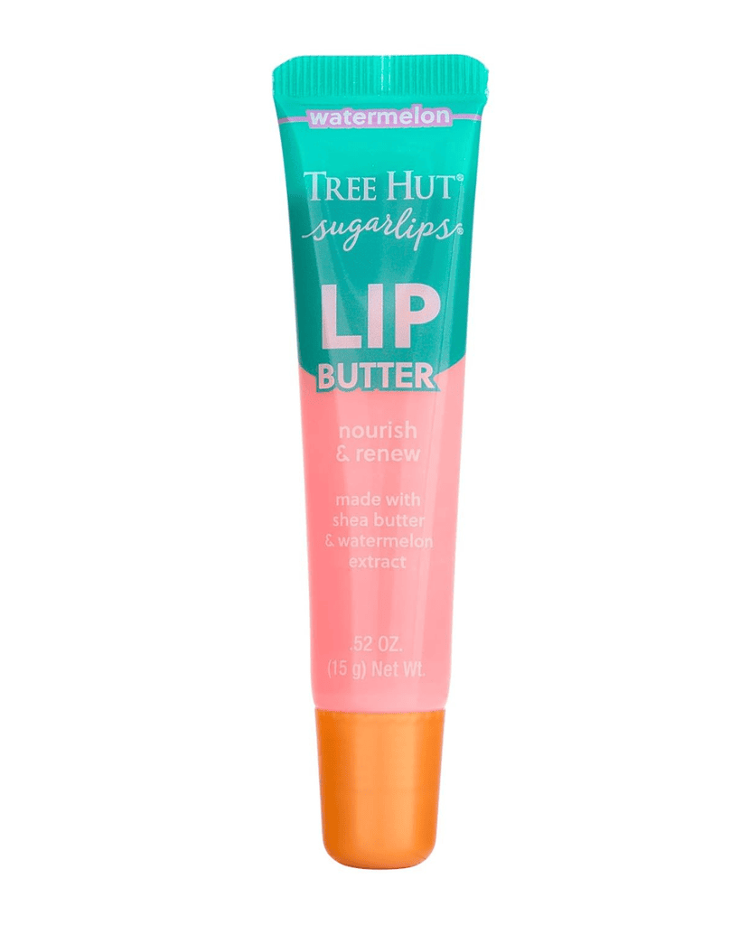 A tube of Tree Hut Sugarlips Lip Butter, watermelon flavor, pink and teal packaging, labeled “nourish & renew,” made with shea butter and watermelon extract, 0.52 oz—perfect for adding to your cart during Thursday Deals.
