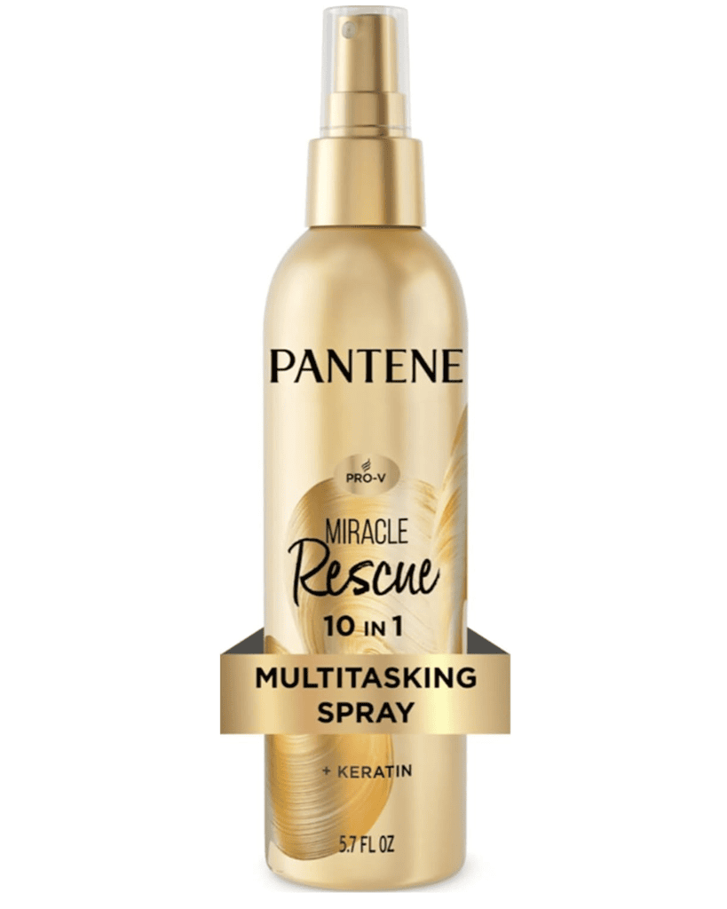 A gold bottle of Pantene Miracle Rescue 10-in-1 Multitasking Spray with Keratin, featuring a spray nozzle and labeled as 5.7 FL OZ.